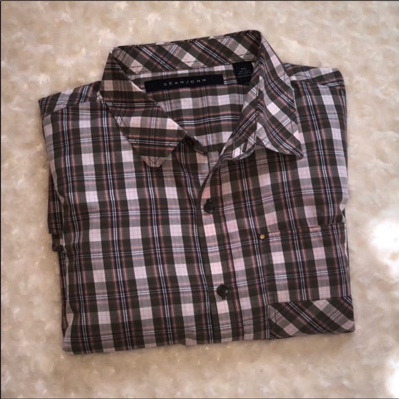 Sean John Other - •Sean Jean• Olive/Orange Plaid Button Down